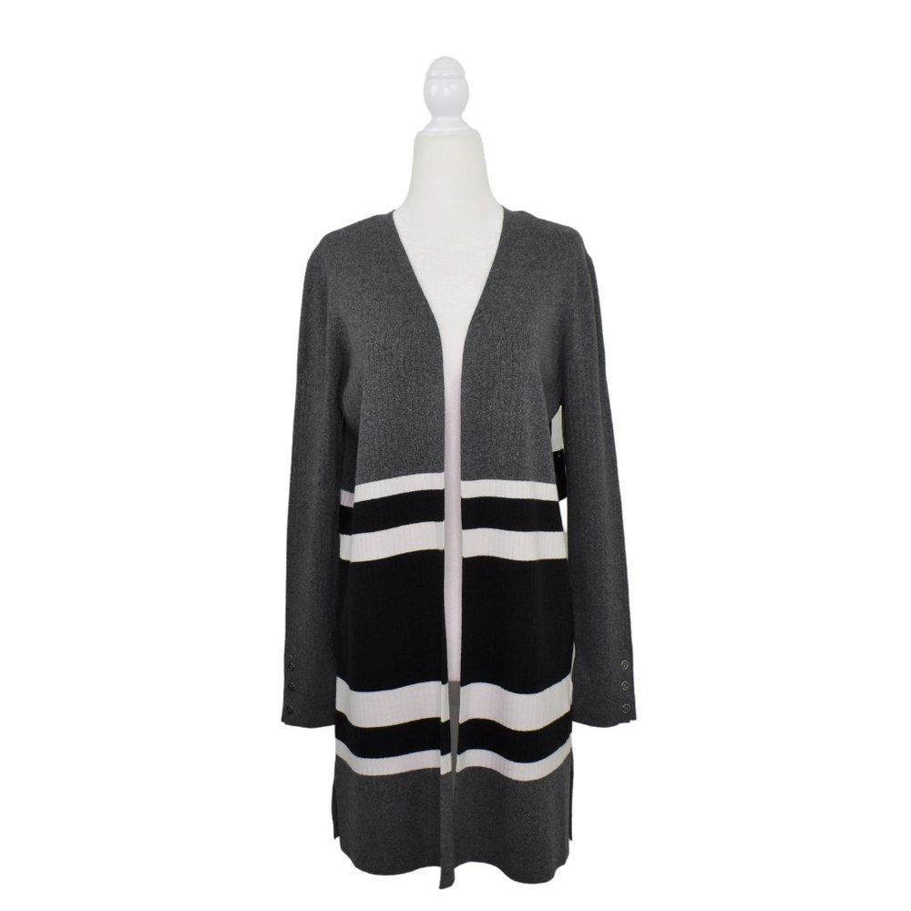 Rafaella Duster Long Cardigan Sweater Open Front Size M Gray Preppy Classic Knit